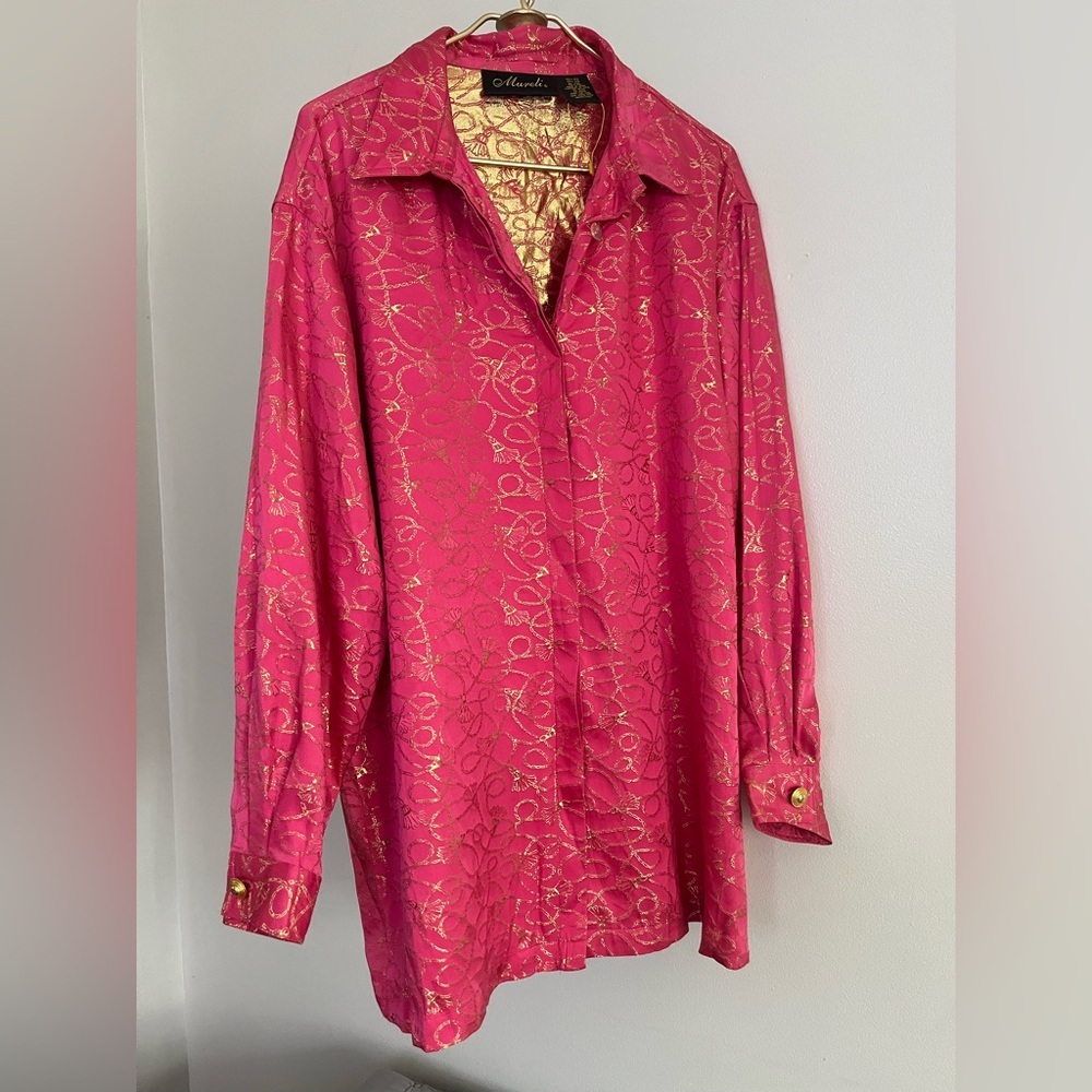 Mureli VTG 100% Silk casual cocktail Pink and Gold Blouse XL